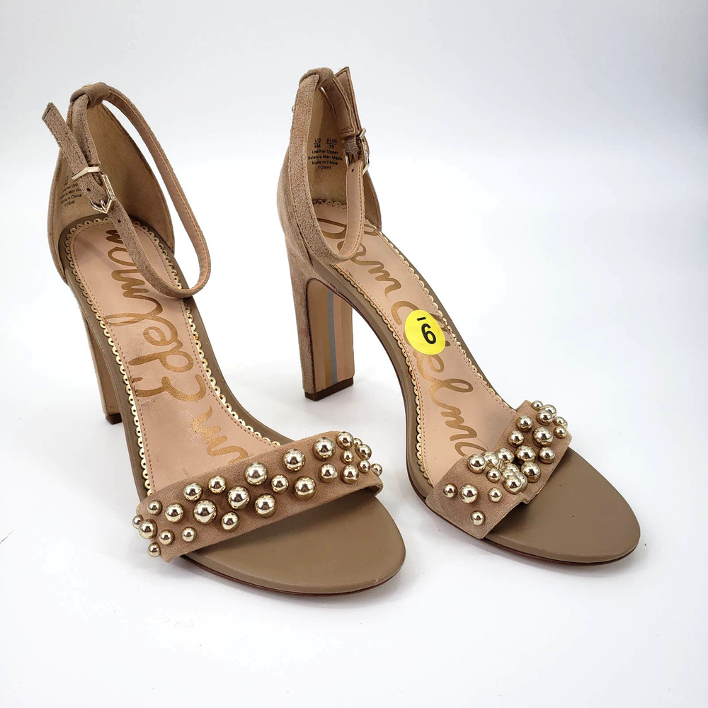 SAM EDELMAN Yoshi Gold Beaded Ankle Strap Suede Heels Size 9M